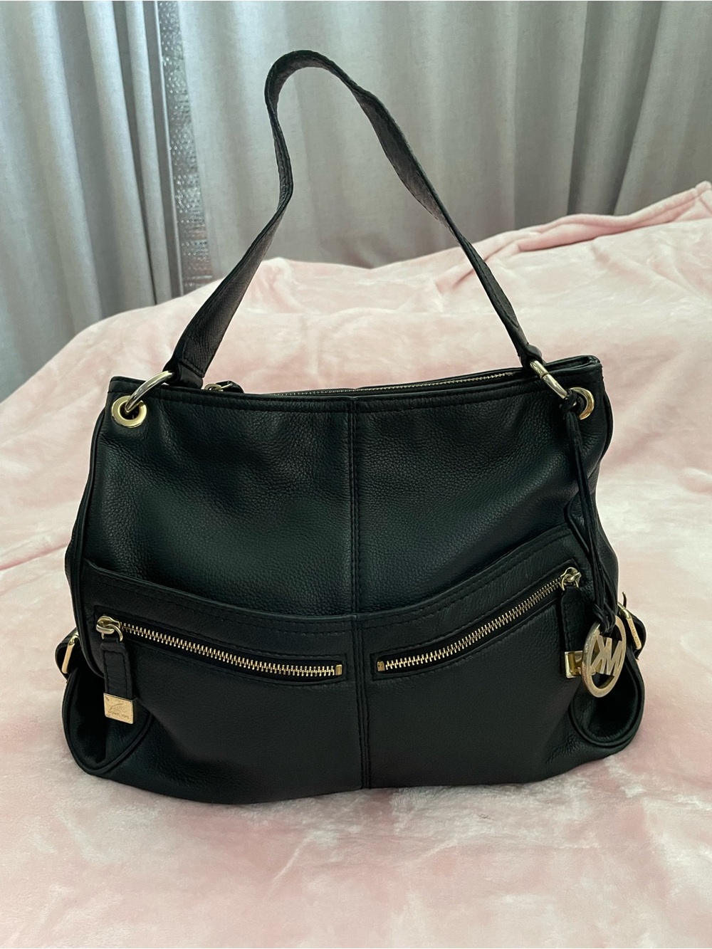 Michael Kors Black Leather Shoulder Bag with Gold Hardware Charm